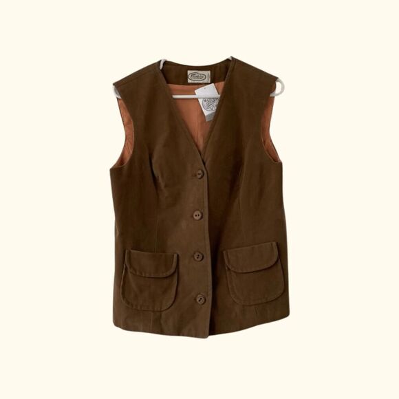 Vintage Frank Lee Men's Saddle Brown Solid Button-Up Suede Vest Small - Picture 1 of 4